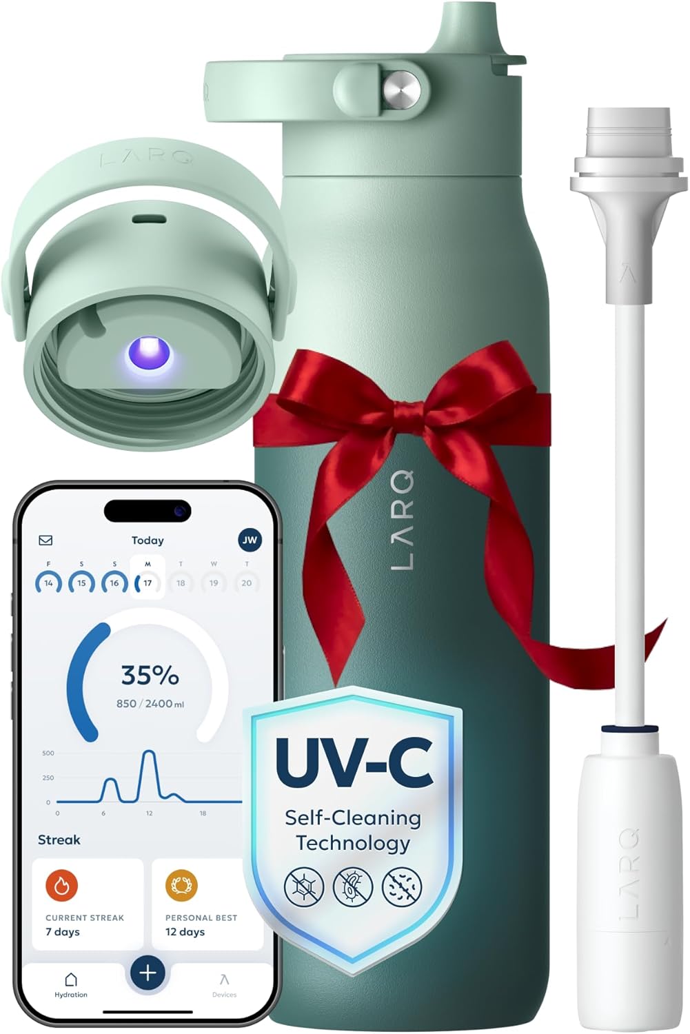 LARQ Bottle PureVis 2 - UV Water Purifier with Self-Cleaning, App Hydration Tracking, Filter Straw, Detachable Handle, Double-Wall Insulated
