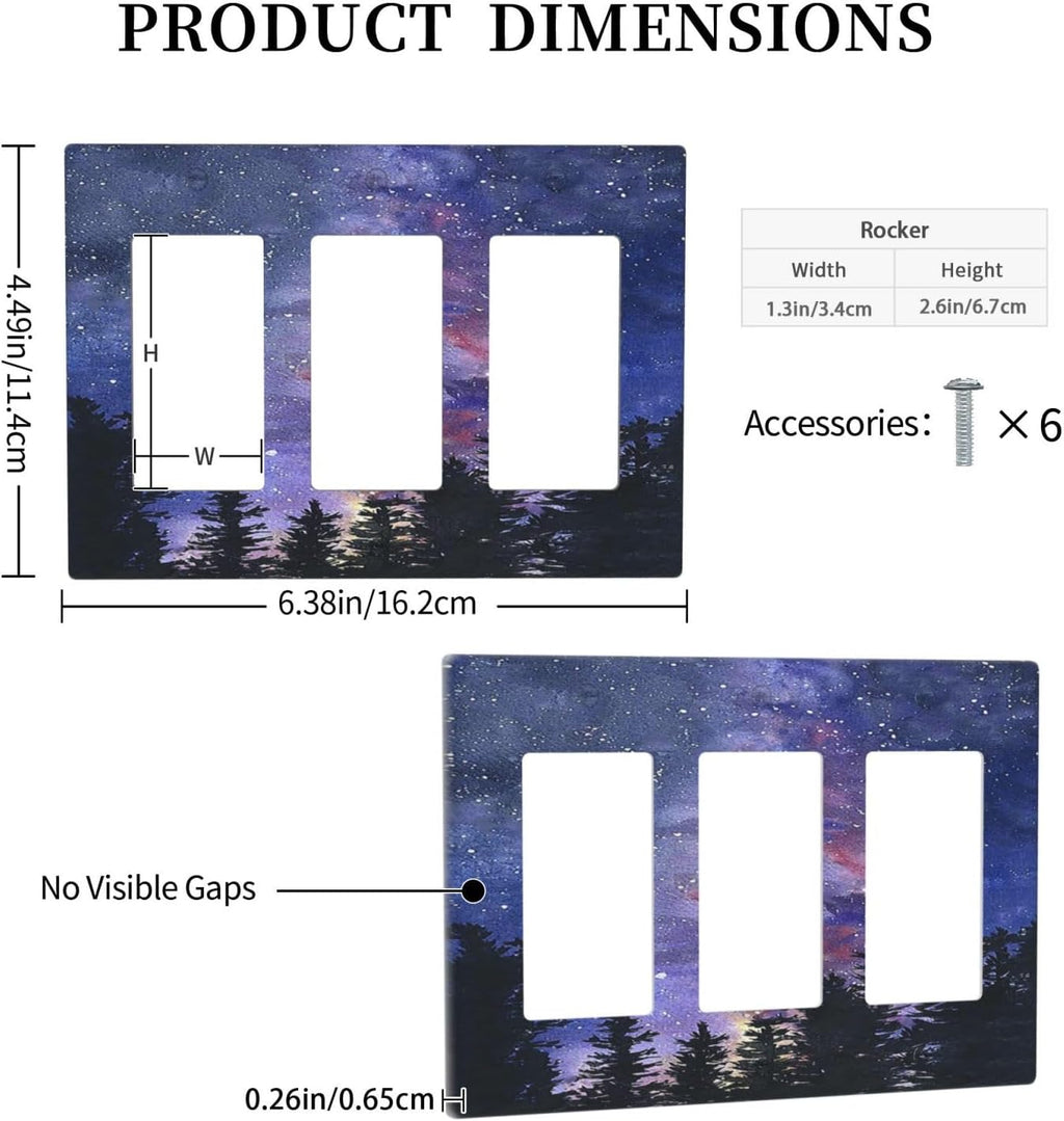 Light Switch Covers Dream Milky Way Starry Forest Pine Watercolor Painting 3 Gang Rocker Electrical GFCI Decorative Triple Outlet Wall Plate Cover Switchplate for Bedroom Home Decor