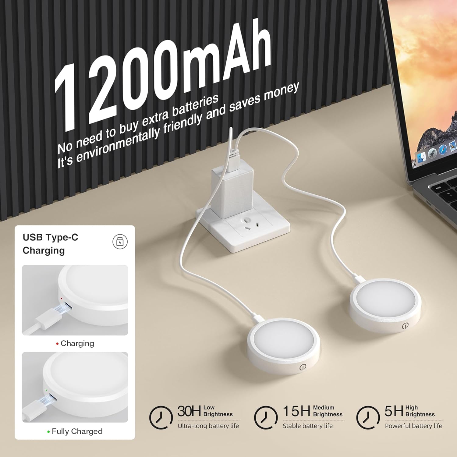 Rechargeable Puck Lights with Remote Control,LED Under Cabinet Light with Full-Screen,3 Color Temperatures Stick On Wireless, Tap for Kitchen,Cabinet,Counter,Closet,Shelf,2 Pack, White