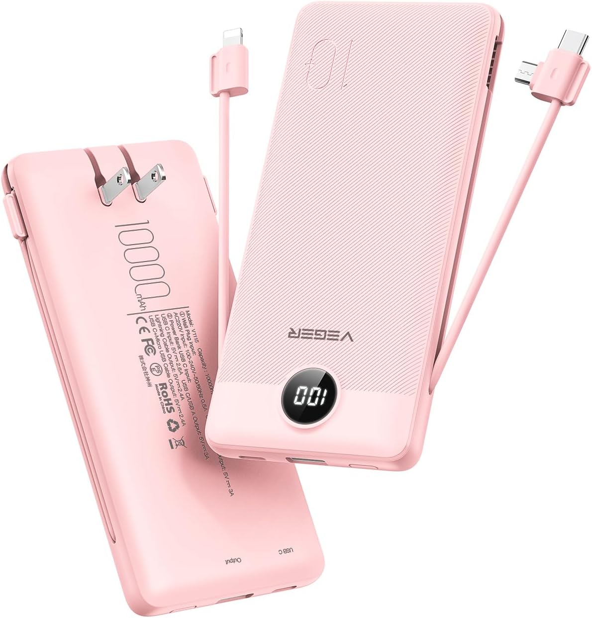 VEGER Portable Charger with Built-in AC Plug and Cables, All in One 10000mAh Ultra Slim Power Bank Travel Essentials, 15W Fast Charging Battery Pack Compatible with iPhone, Samsung, Android (Crepe)