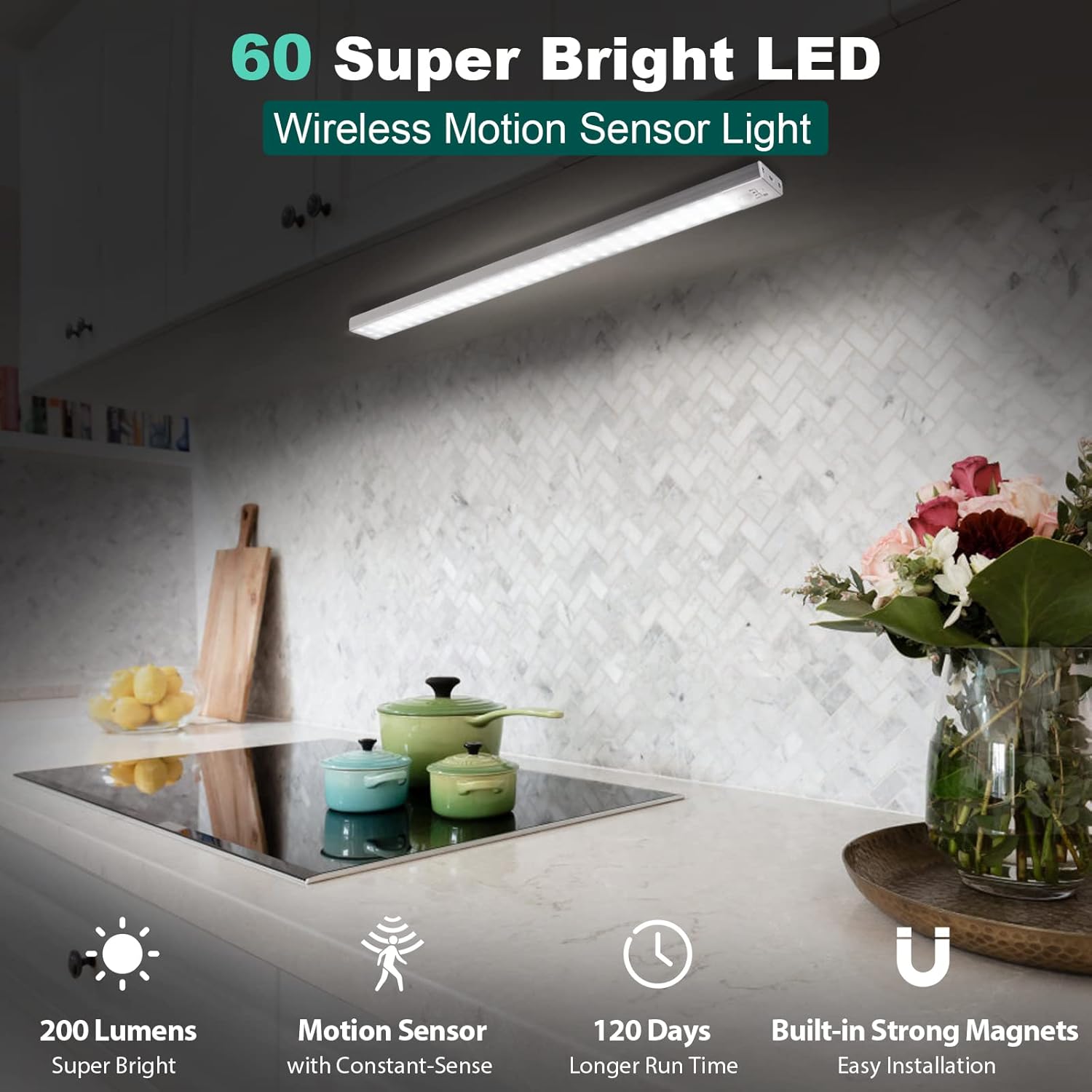 BLS 60 LED Closet Lights Battery Powered LED Lights, Super Bright Under Cabinet Lighting, Wireless Motion Sensor Light Indoor, 2400mah Rechargeable Battery Operated Lights, 120 Days Run Time (2 Pack)