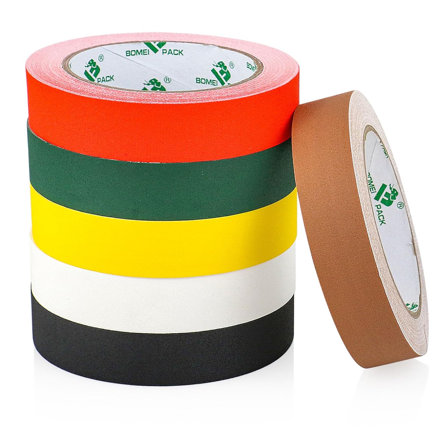 BOMEI PACK 6 Colors Gaffer Tape 1inch x 20yds, Matte Non-Reflective Theater Stage Tape, No Residue Hand Tear, for Cable, Photo Studio, Painters, Floors Marking Tape