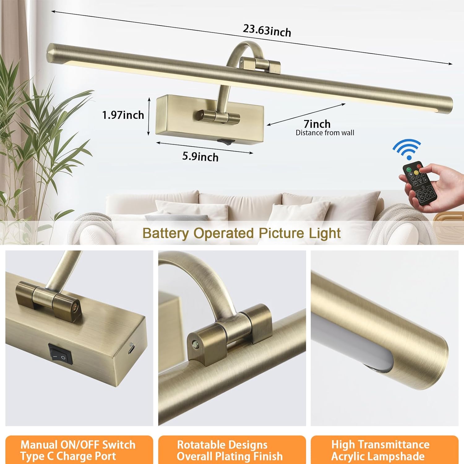 Antique Bronze Picture Light, 23.6 Inch Remote Control Painting Lights for Wall Cordless, 3CCT Dimmable Wall Lights for Pictures, Rechargeable Art Light for Pictures On Wall with Timer