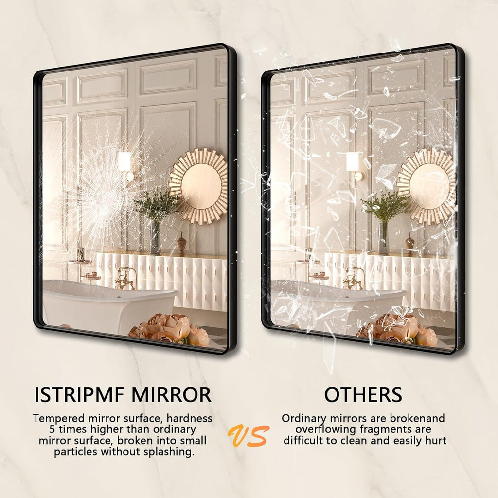 Black Metal Framed Bathroom Mirror 38X38 Inch,Matte Black Vanity Mirror,Tempered Glass,Round Corner,Farmhouse,Decorative Wall Mounted Rectangle Mirror