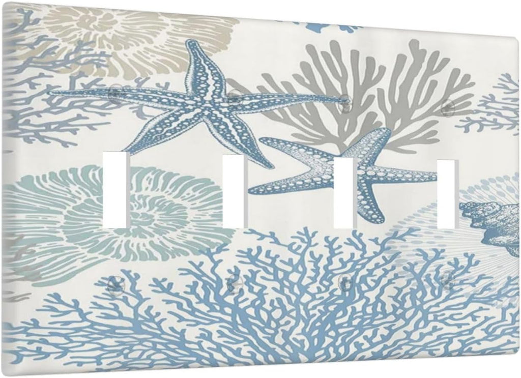 Decorative Light Switch Plate Covers Blue Starfish Coral Seaweed 4 Gang Light Switch Cover Quad Toggle Wall Plate Outlet Covers for Bathroom Bedroom Decor