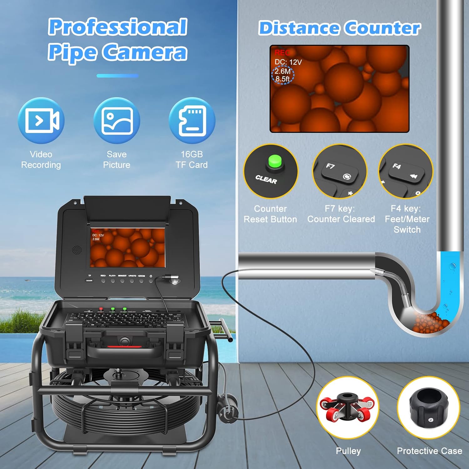 Sanyipace Sewer Camera 131FT/40M with 512Hz Transmitter, Self-Leveling, Distance Counter, Plumbing Inspection Camera with Microphone Speaker Audio Video Record, 16GB TF Card, Pipe Pulley (7mm Cable)