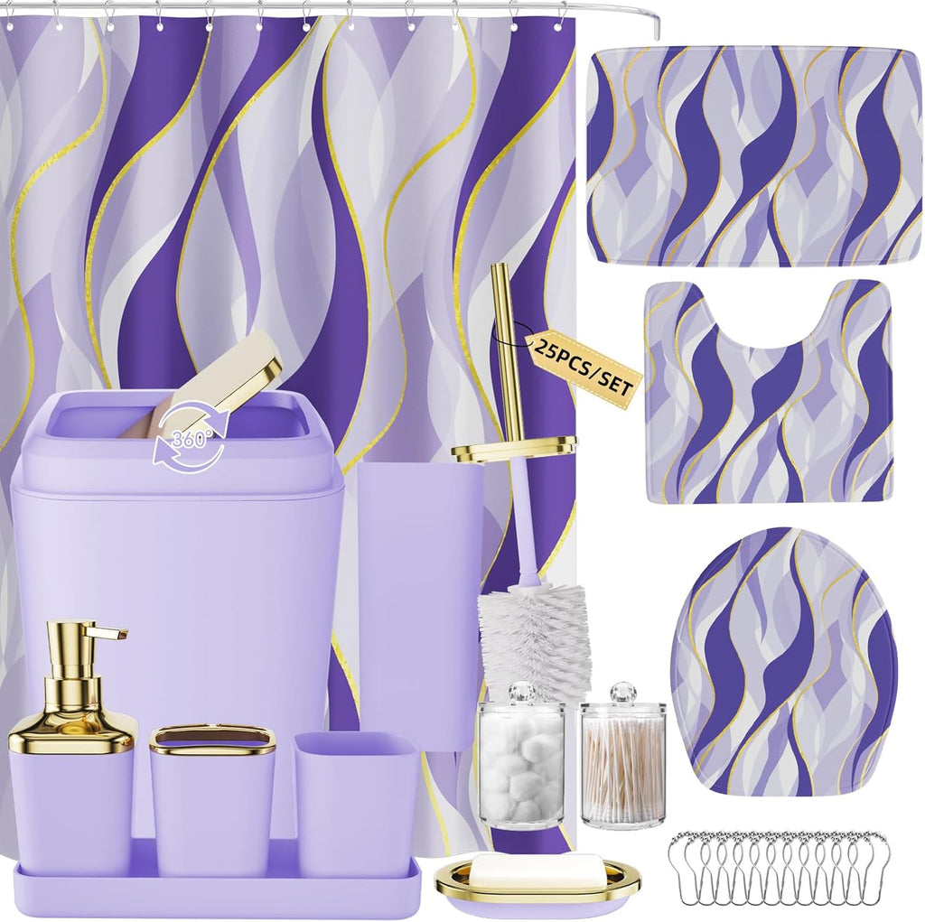 Bathroom Set - Purple and Gold Bathroom Accessories, Bathroom Sets with Shower Curtain and Rugs, Purple Shower Curtain Set with Bathroom Trash Can, Soap Dispenser, Soap Dish for Home Decor