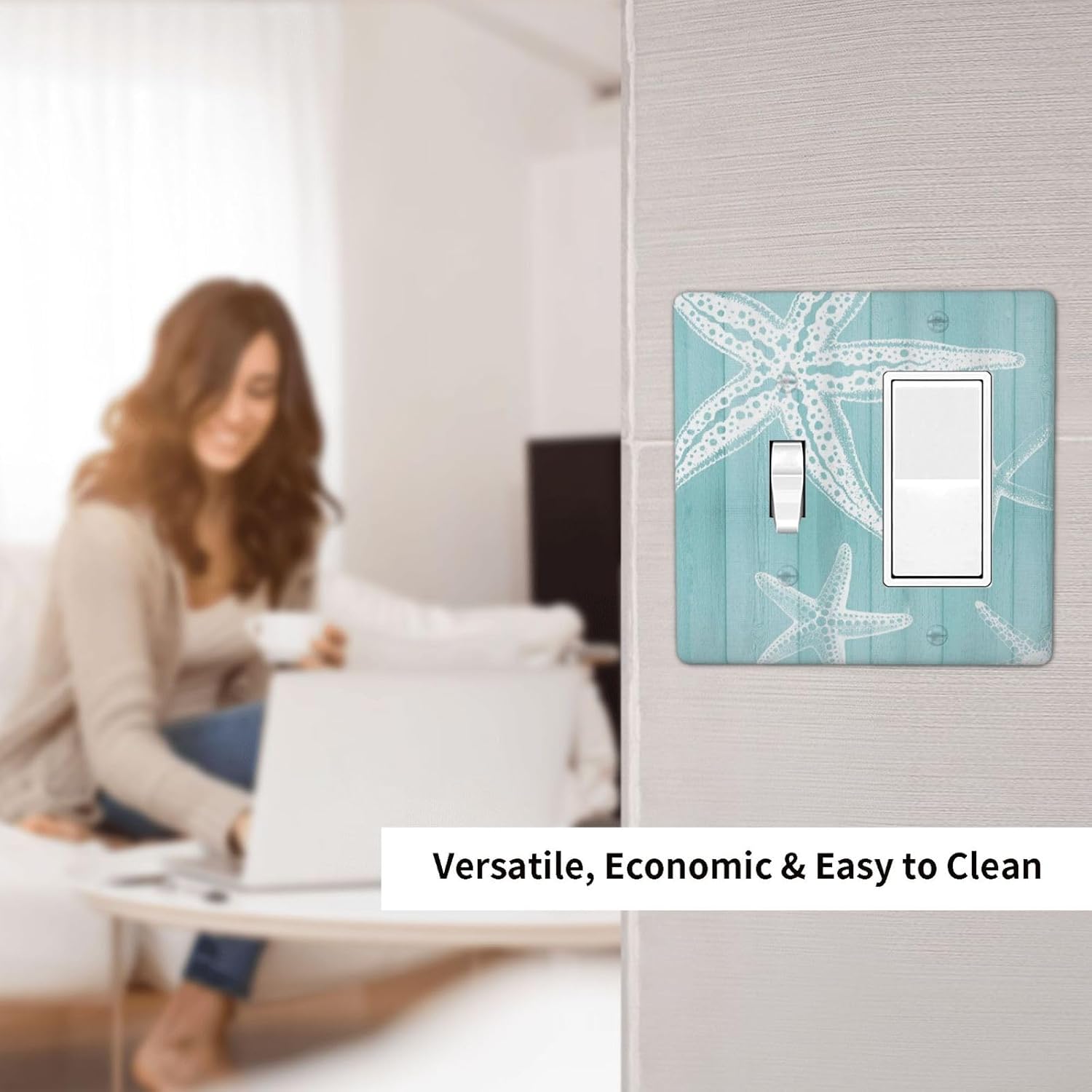 Decorative Outlet Covers Starfish Teal Wood Board Nautical 2 Gang Light Switch Cover Plate Single Toggle 1 Rocker Wall Plates for Electrical Outlets Switch Plate Covers for Bedroom Home Decor