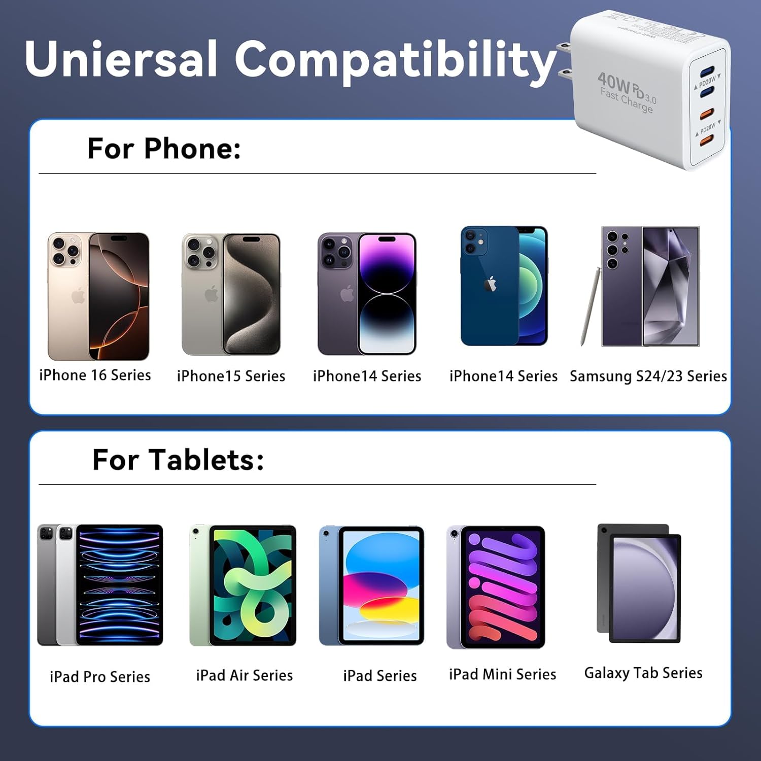 USB C Wall Fast Chargers Block, 40W 4-Port Type C Chargers Fast Charging Blocks PD Power Charger Adapter+QC 3.0 USB C Multiport Charger Brick for Phone 17/16/15/14/13/12 Pro Max, Pad, Galaxy S25/24