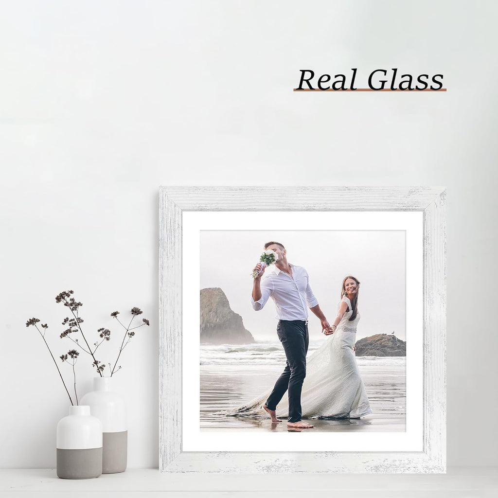 iRahmen 12x12 Picture Frame Set of 4 with Tempered Glass, Display 10x10 Picture with Mat or 12 x 12 Without Mat, Mixed Color Wood Photo Frames for Tabletop Display and Wall Mounting