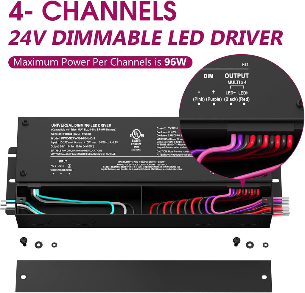 EMITEVER 384W Dimmable LED Driver, 24V 5-in-1 Dimmable Power Supply,4-Channels AC to DC Transformer for LED Light, Compatible with Lutron and Leviton Dimmer, Waterproof IP67 and UL Listed, Class 2