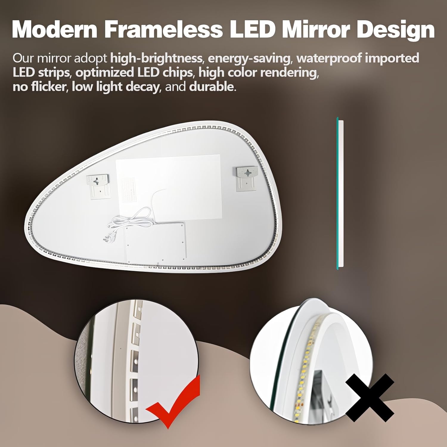 Niccy Irregular LED Bathroom Mirror, 30"x48" Asymmetrical Backlit Vanity Wall Mirrors, Frameless Lighted Mirrors for Bedroom, Living Room, Modern Smart-Mirror with Anti-Fog, Dimmable, Memory Function
