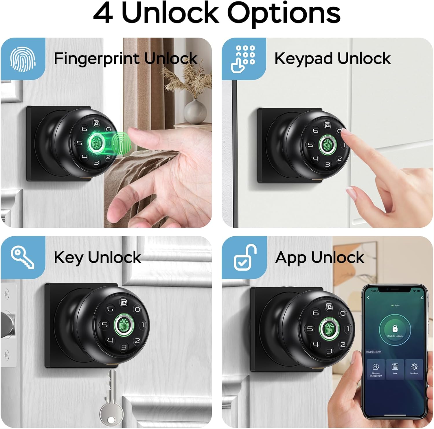 GeekTale Fingerprint Door Lock for Bedrooms, Fingerprint Door Knob with Lock, Smart Door Lock, App Control, Back-up Keys, Thumbprint Door Knob for Bedrooms, Office, Apartment