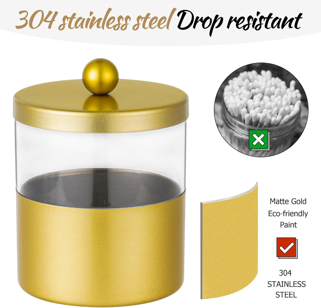 Gaussra Gold Qtip Holder, Apothecary Jars - Stainless Steel Bathroom Jar with Stickers - Farmhouse Decor Qtip Dispenser for Qtips, Cotton Balls, Swabs, Makeup Sponges (2-Pack)