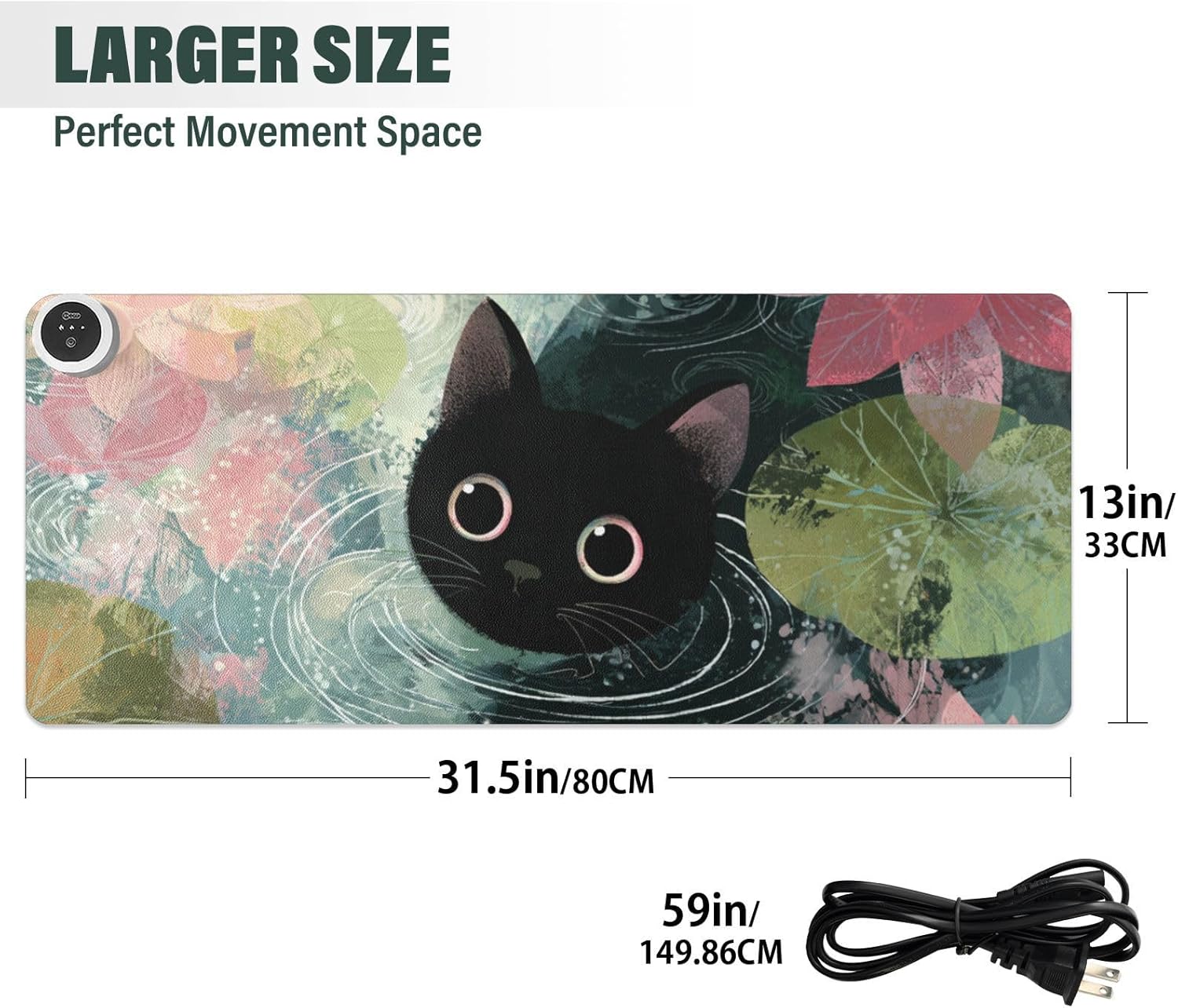 Heated Desk Pad Mouse Pad 31.5x13 Inch PU Leather Desk Mat with 3 Heat Levels Large Mouse Gaming Computer Laptop Mat Cat Lotus Flowers Blue
