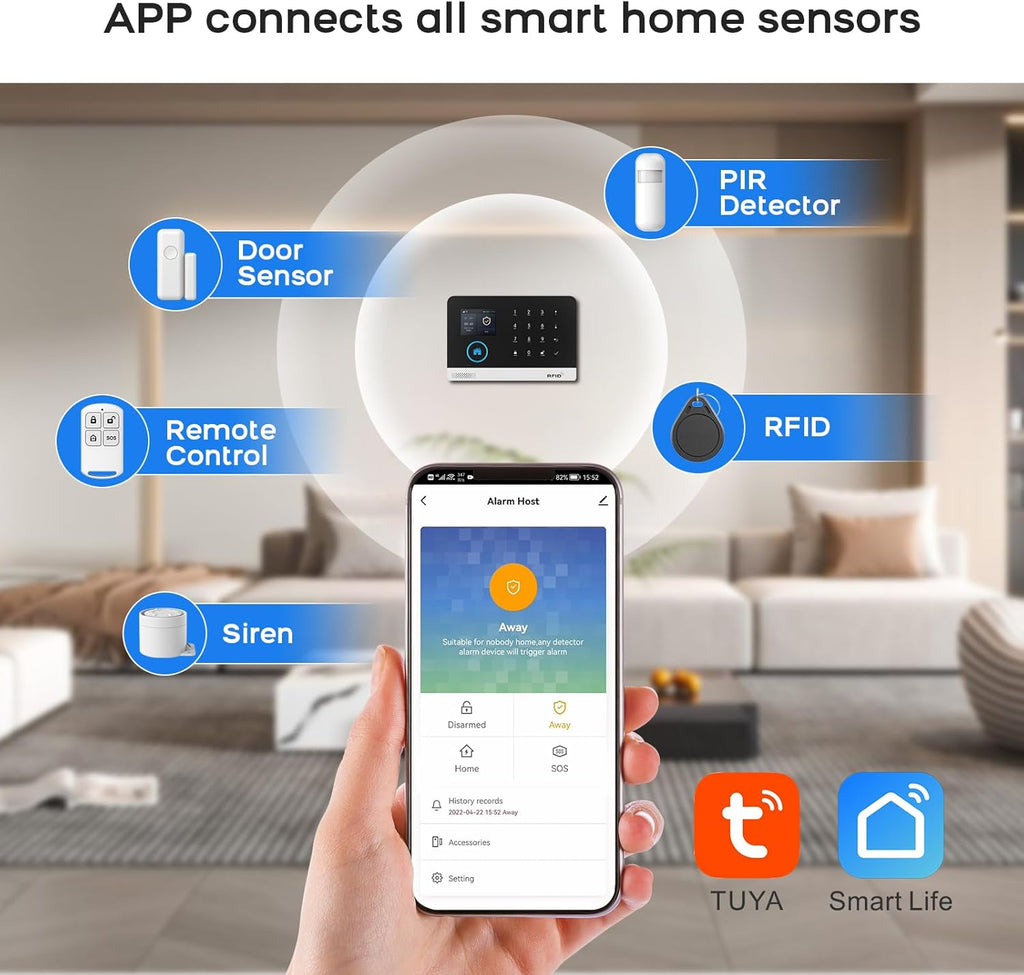 Wireless Home Security System WiFi+GSM/4G with Instant App Alerts&Auto Alarm Dial,Door&Window Alarm System,Motion Sensors,Smart Life Tuya Control,NO Monthly Fees,Apartment,Kids Safety