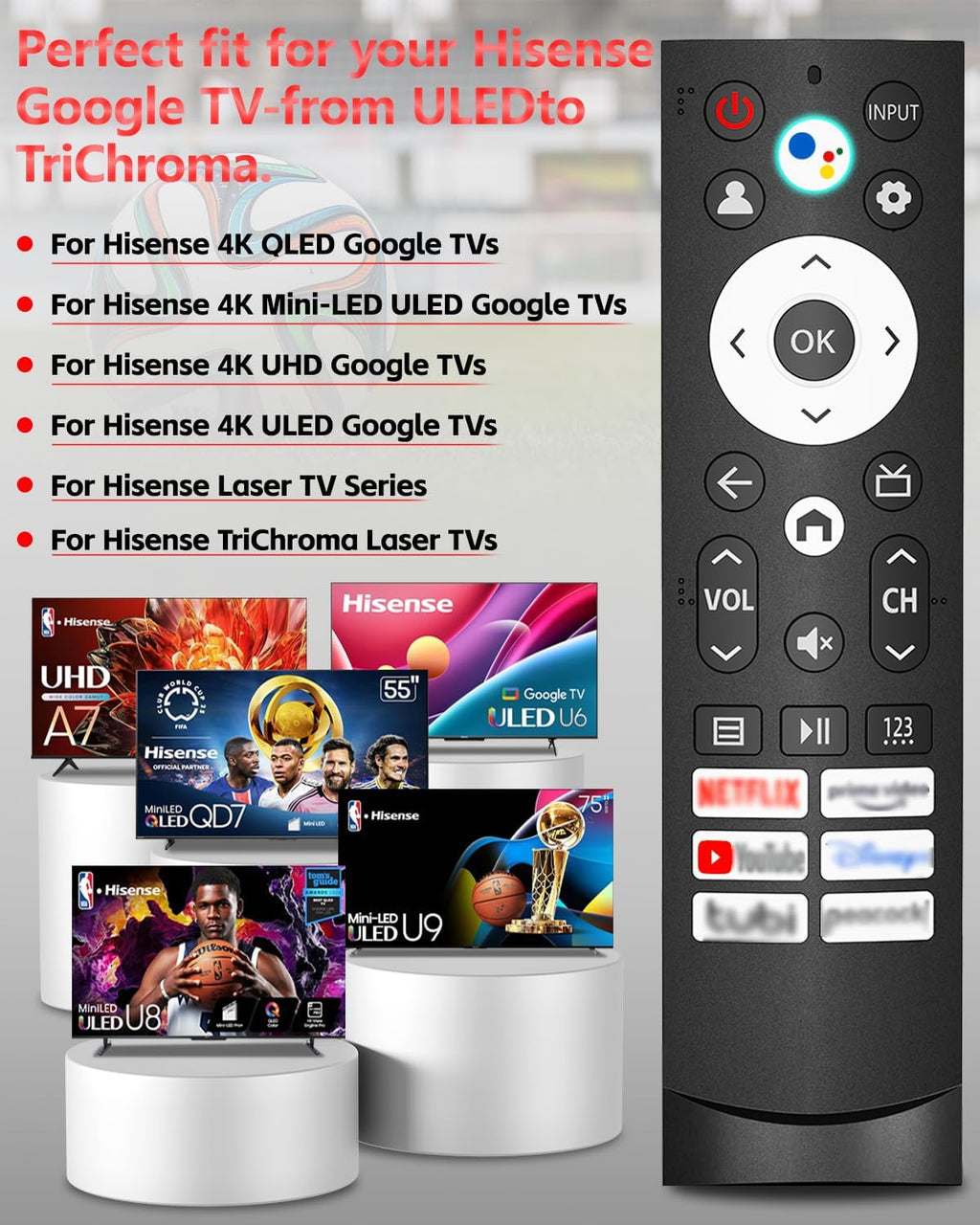 Voice Remote Replacement Fit for Hisense Google Smart TVs –Compatible with 4K QLED UHD Mini-LED Quantum ULED Series, 2-Year Warranty