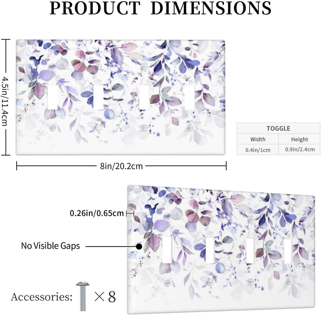 Purple Eucalyptus Watercolor Floral Rustic Leaf Light Switch Covers Quad Toggle Electrical Faceplate 4 Gang Wall Plate Decorative Switch Plates for Farmhouse Home Decor