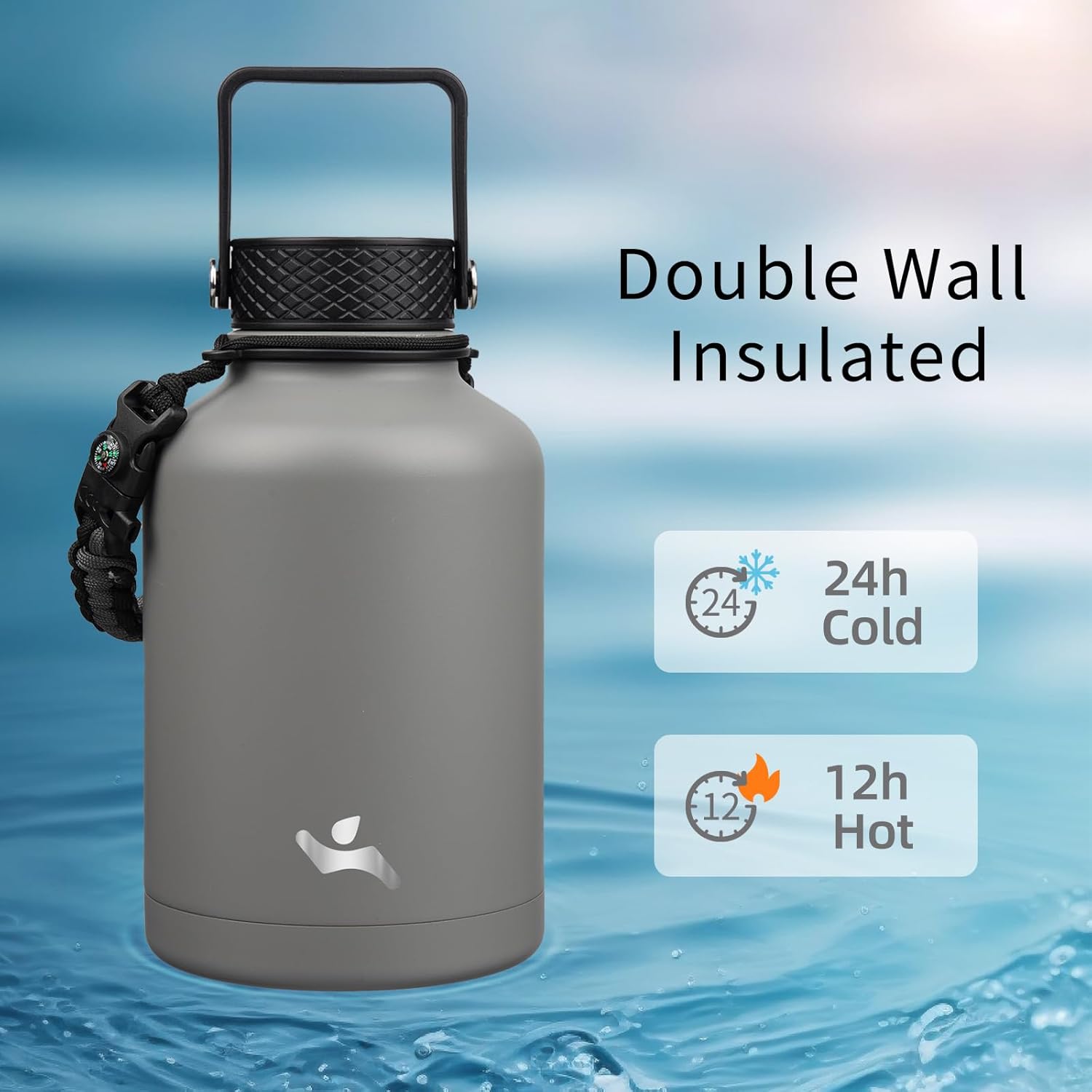 Insulated Water Bottle with Straw,50 oz 3 Lids Water Jug with Carrying Bag,Paracord Handle,Double Wall Vacuum Stainless Steel Metal Flask,Gray