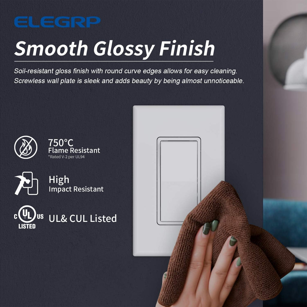 ELEGRP 1-Gang Screwless Decorator Wall Plates, Standard Size Unbreakable Thermoplastic Faceplate Cover for Decorator Receptacle Outlet Switch, UL Listed (10 Pack, Glossy White)