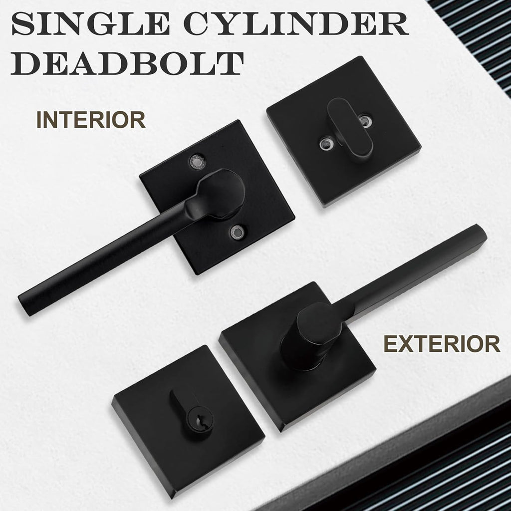 8 Sets Passage Door Lever and Single Cylinder Deadbolt Lock Set, Heavy Duty Square Handle for Entrance and Front Door, Matte Black, Different Keys