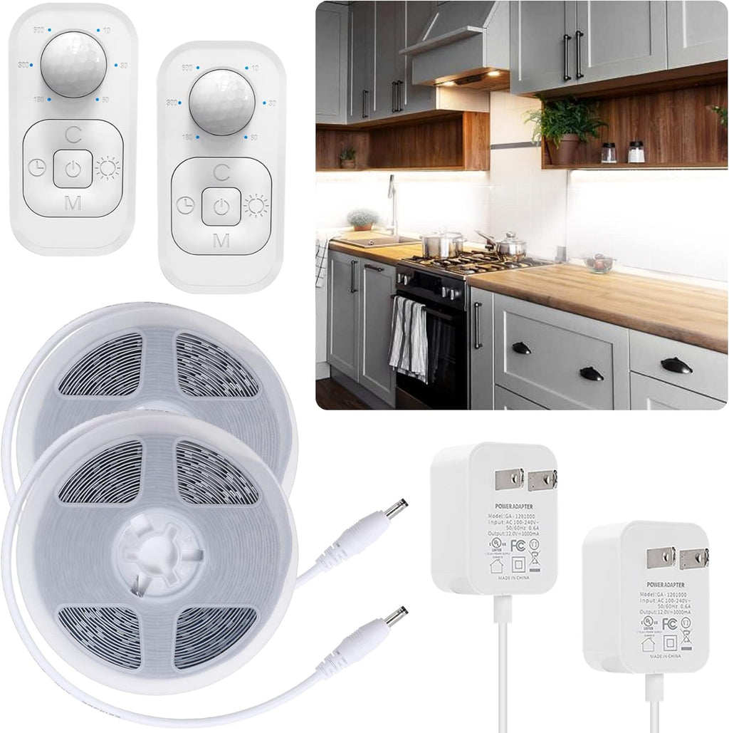 Motion Sensor Under Cabinet Lights - Plug-in LED Strip Lights Indoor With UL FCC Approved Adapter, Dimmer And Timer For Kitchen Cabinet, Counter, Shelf, Showcase, Stairway, Bedroom, Corridor, Washroom
