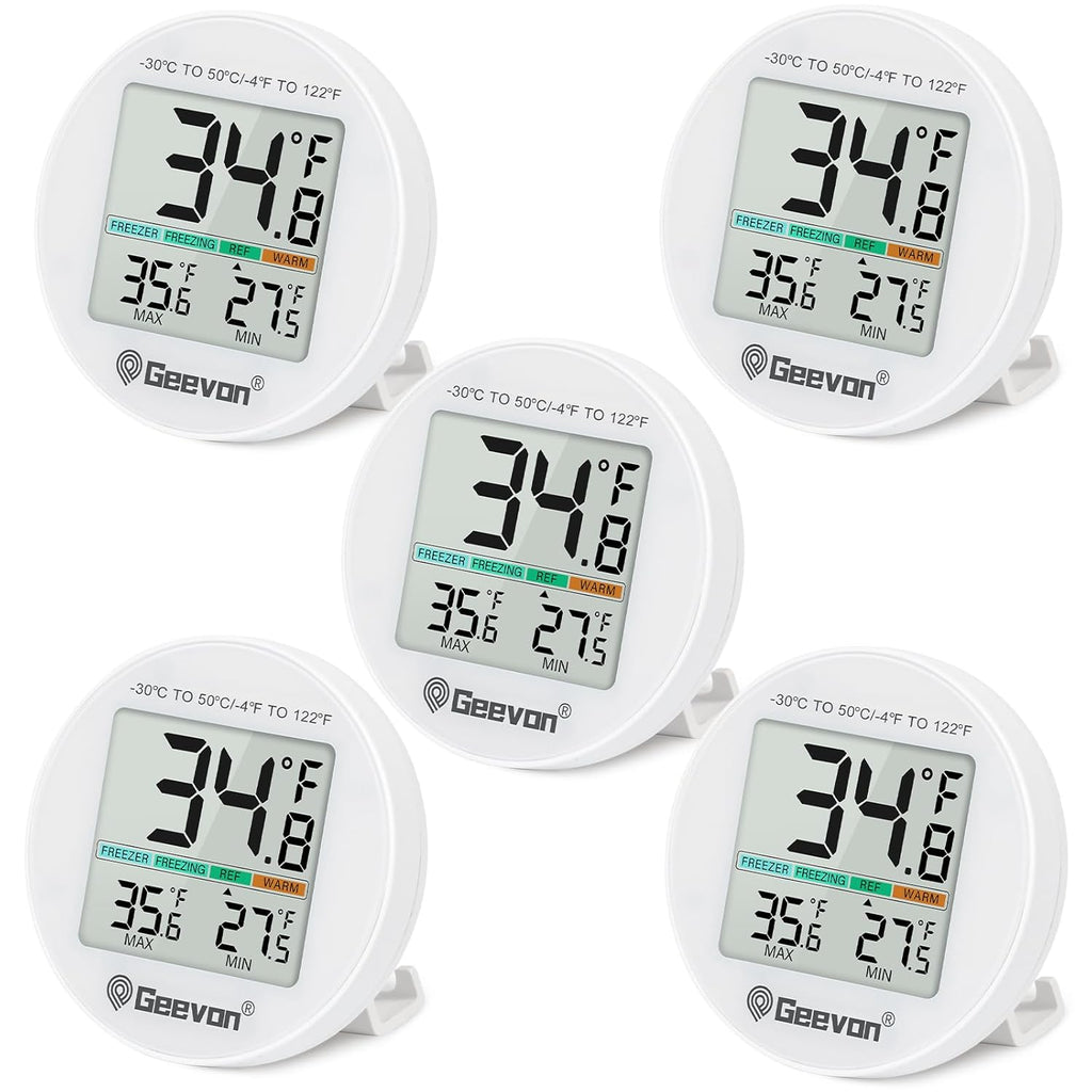 Geevon Small Digital Refrigerator Thermometer 5 Pack, IP65 Waterproof Commercial and Home Use, Max/Min Record Function with LCD Screen, Stand and Magnetic Back, for Fridge, Freezer Scenarios