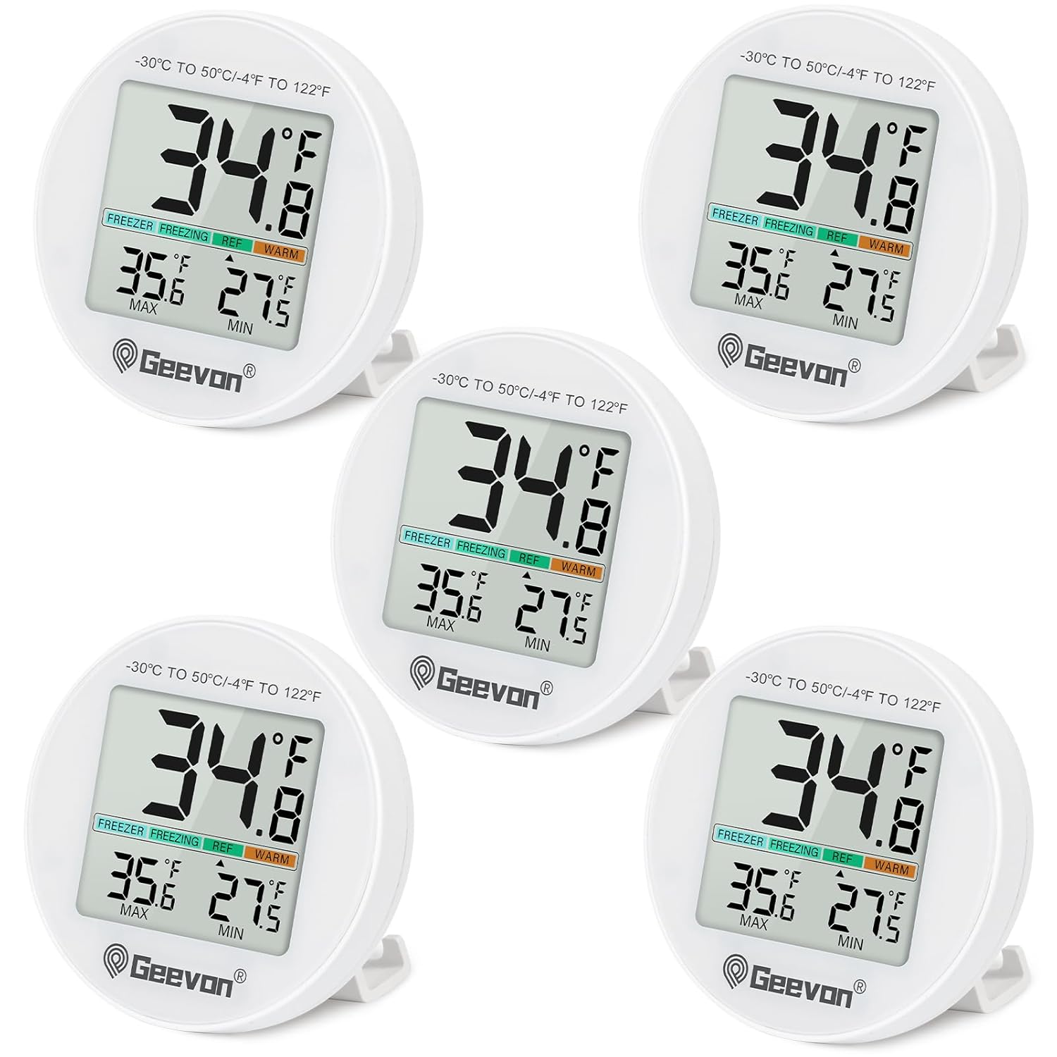 Geevon Small Digital Refrigerator Thermometer 5 Pack, IP65 Waterproof Commercial and Home Use, Max/Min Record Function with LCD Screen, Stand and Magnetic Back, for Fridge, Freezer Scenarios