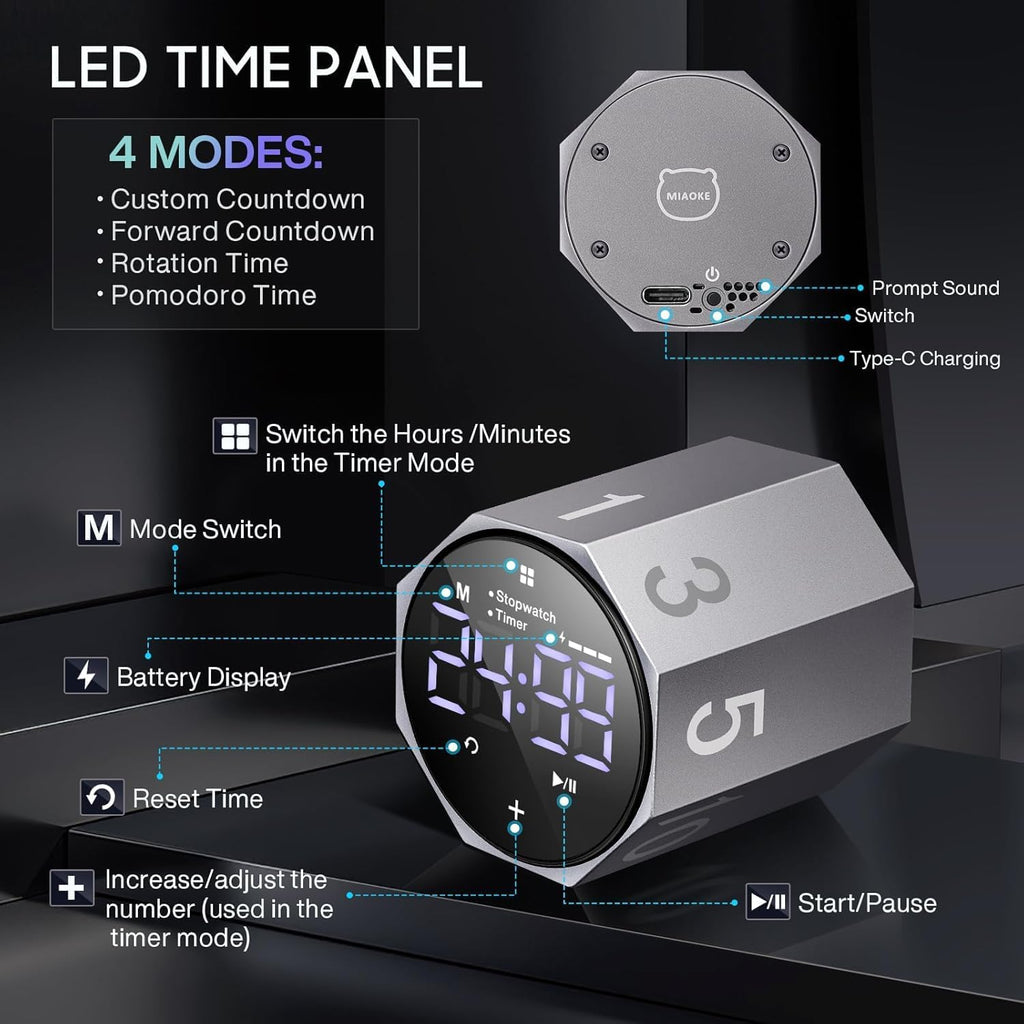 MIAOKE Pomodoro Timer-Aluminum Alloy Frosted Metal LED Large Screen Digital Automatically Rotated Display, Focus Efficient Management on Work and Study,Office,Living Room-Gray
