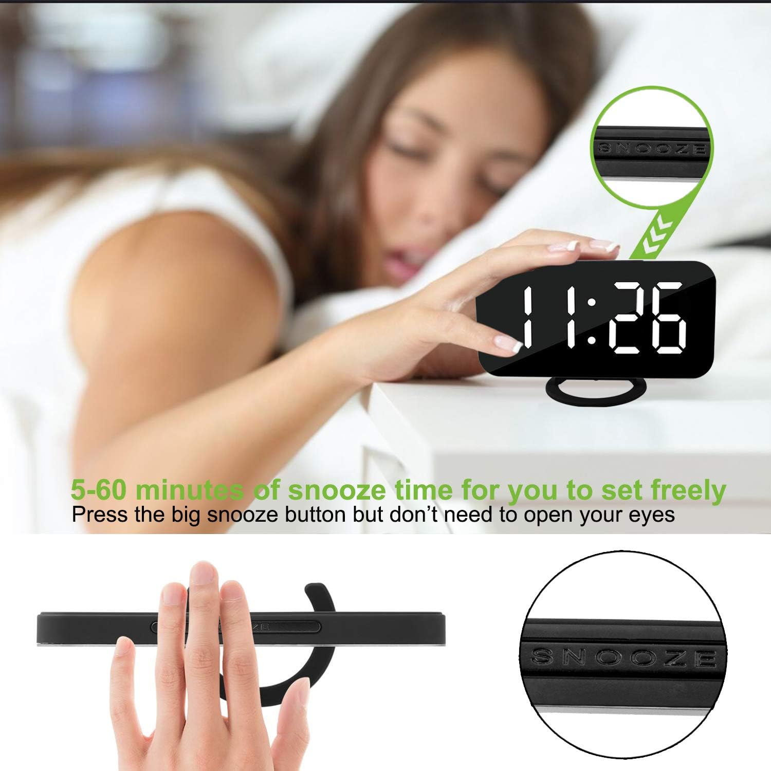 Digital Clock Large Display, LED Alarm Electric Clocks Mirror Surface for Makeup with Diming Mode, 3 Levels Brightness, Dual USB Ports Modern Decoration for Home Bedroom Decor-Black