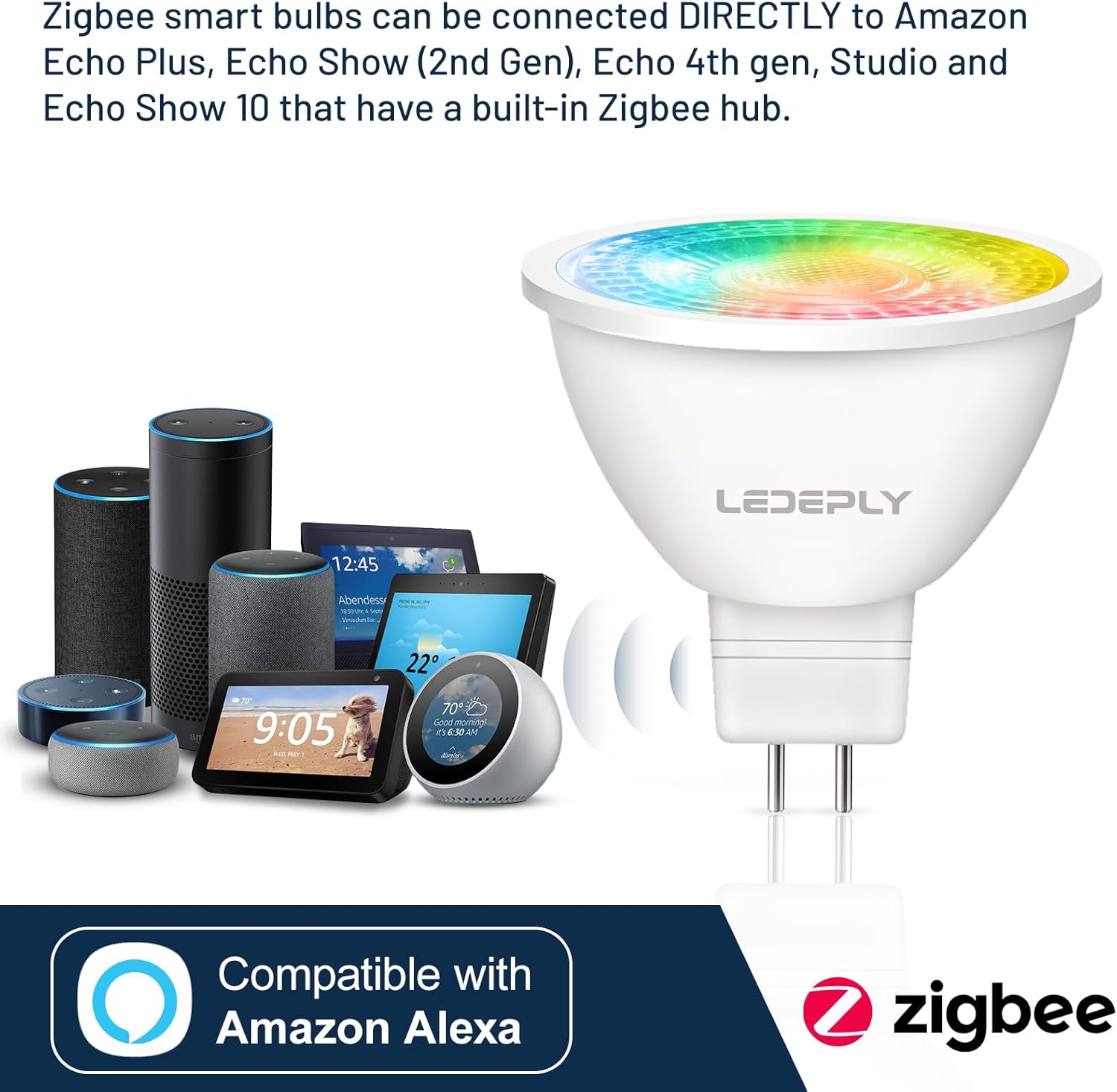 Zigbee MR16 LED Smart Bulb, Hub Required, Compatible with Phi*Lip*s Hu*e*, Alexa, Google, & ConBee, 5W =50W, GU5.3, Dimmable, AC/DC 12V, Color Changing & Tunable White, 2-Pack