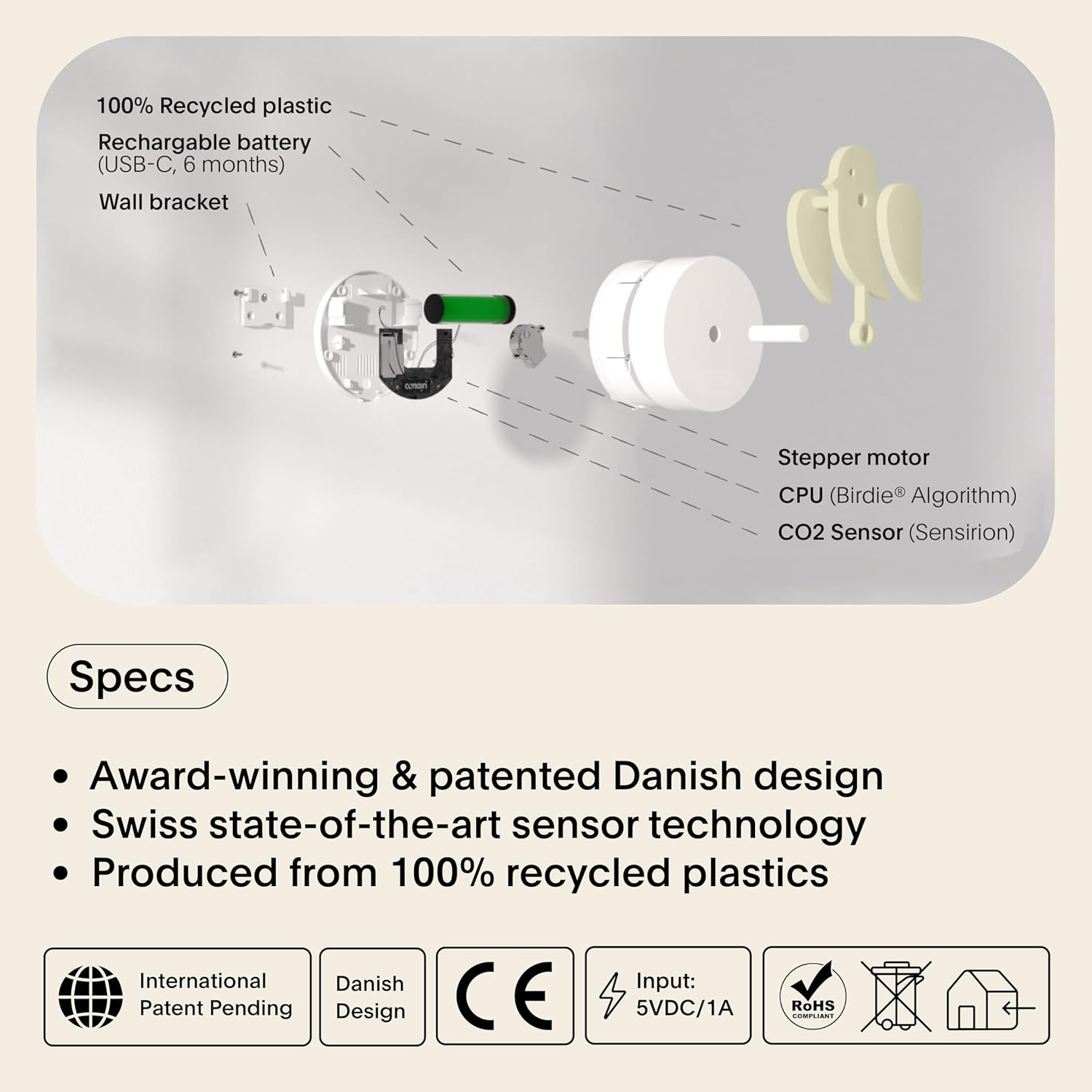 Birdie 2.0 - Design Indoor CO2 Monitor - Air Quality Meter for Home & Office - Promotes Mental & Physical Health - Modern Interior Decor - Reducing Health Risks with Clean Air (Dune, FullBirdie)