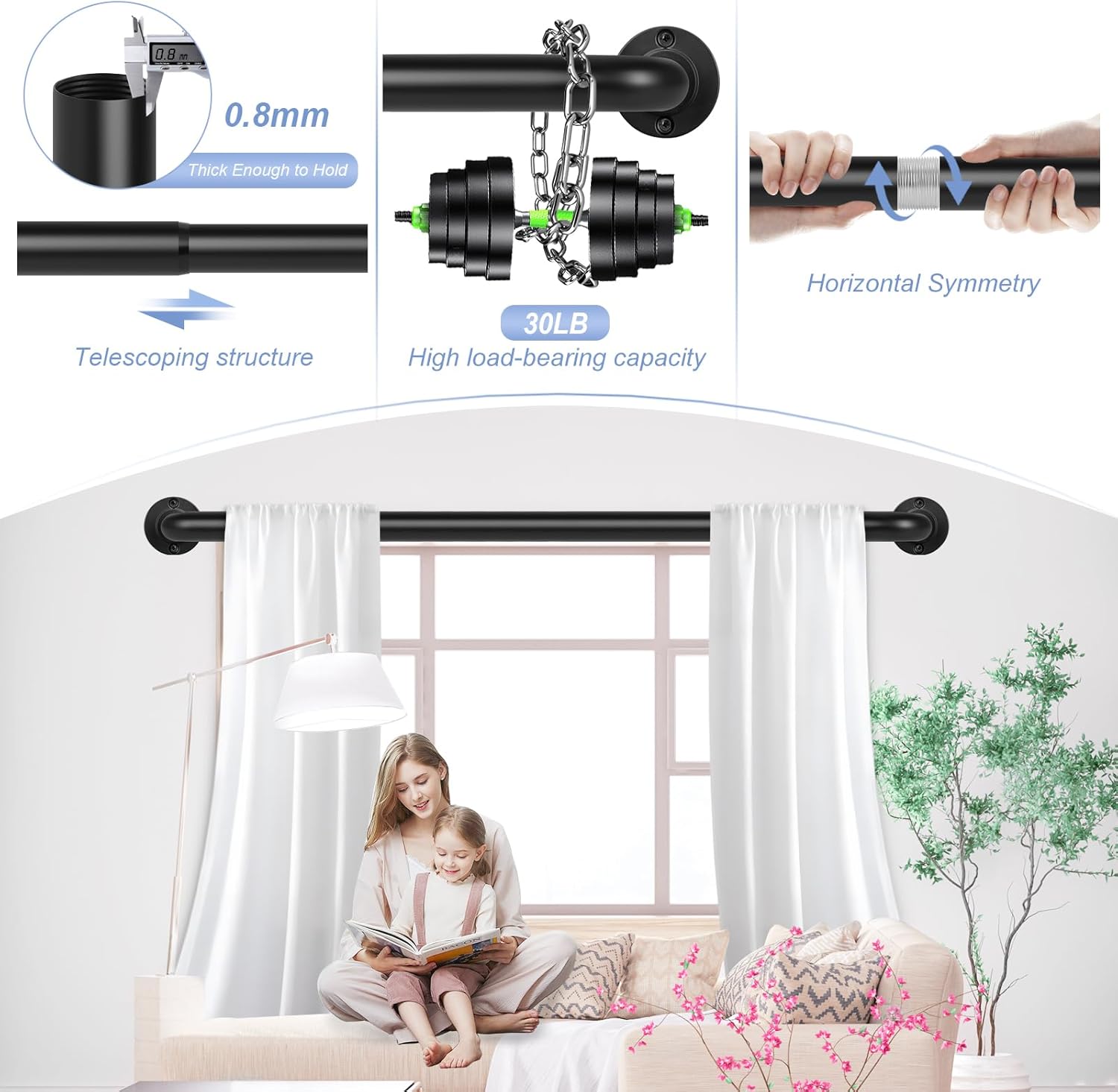 Black Wrap Around Curtain Rods 36 to 72 Inch:Blackout Heavy duty Adjustable Window Curtain Rod for Bedroom,Industrial Darkening Curved French Metal Single Drapery Rods Easy Install,Matte Black