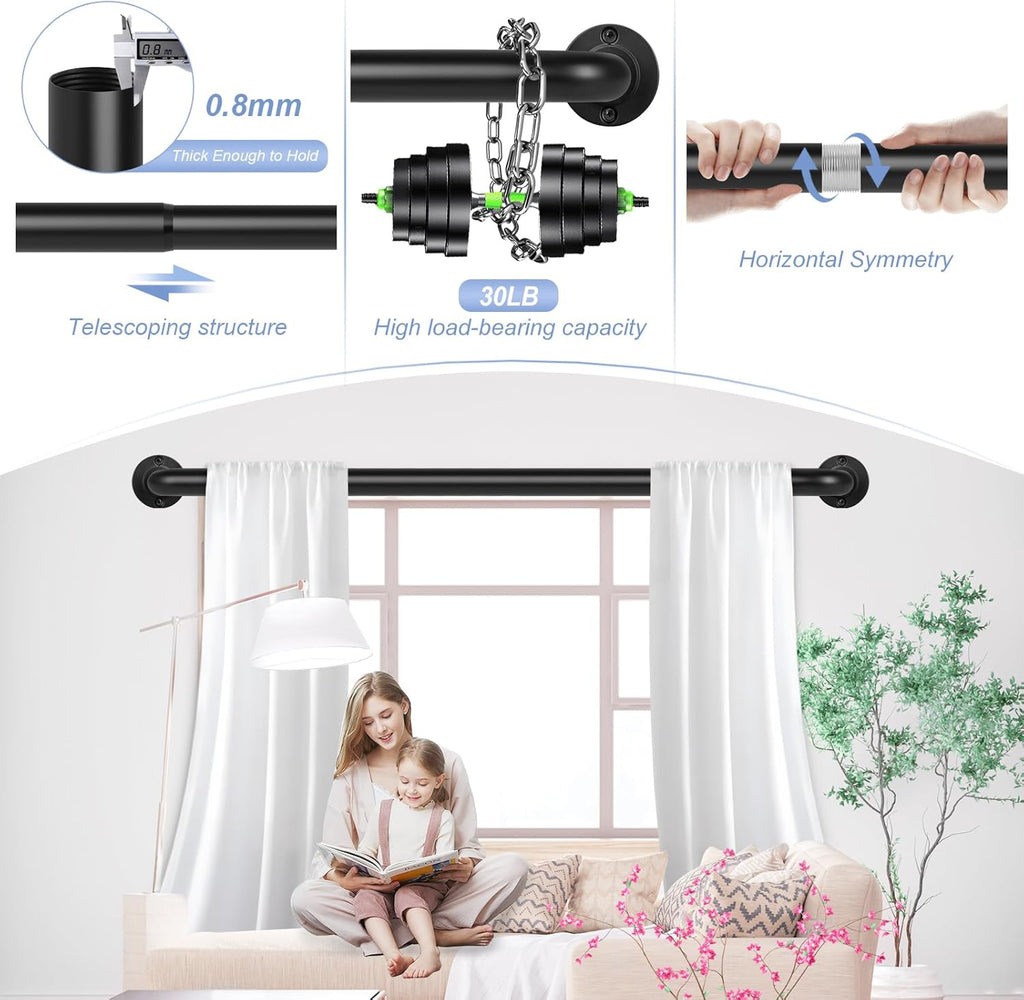 Black Wrap Around Curtain Rods 28 to 60 Inch:Blackout Heavy duty Adjustable Window Curtain Rod for Bedroom,Industrial Darkening Curved French Metal Single Drapery Rods Easy Install,Matte Black