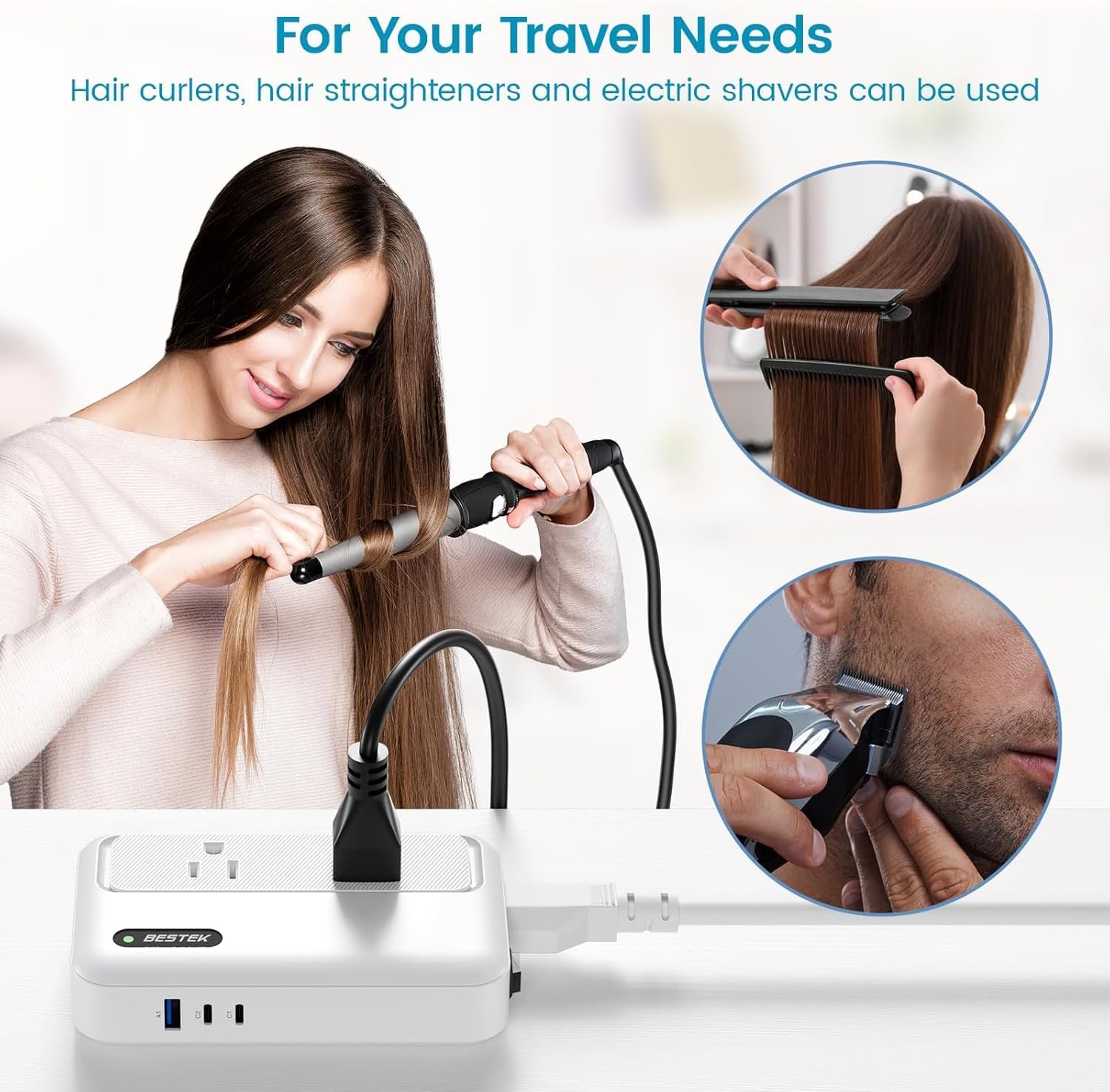 BESTEK 220v to 110v Converter with PD35w, 200w AC Voltage Converter US to Europe, Step Down Converter for Hair Straightener/Curling Iron with EU UK FR DE ES AU Travel Adapter (Unavailable Hair Dryer)