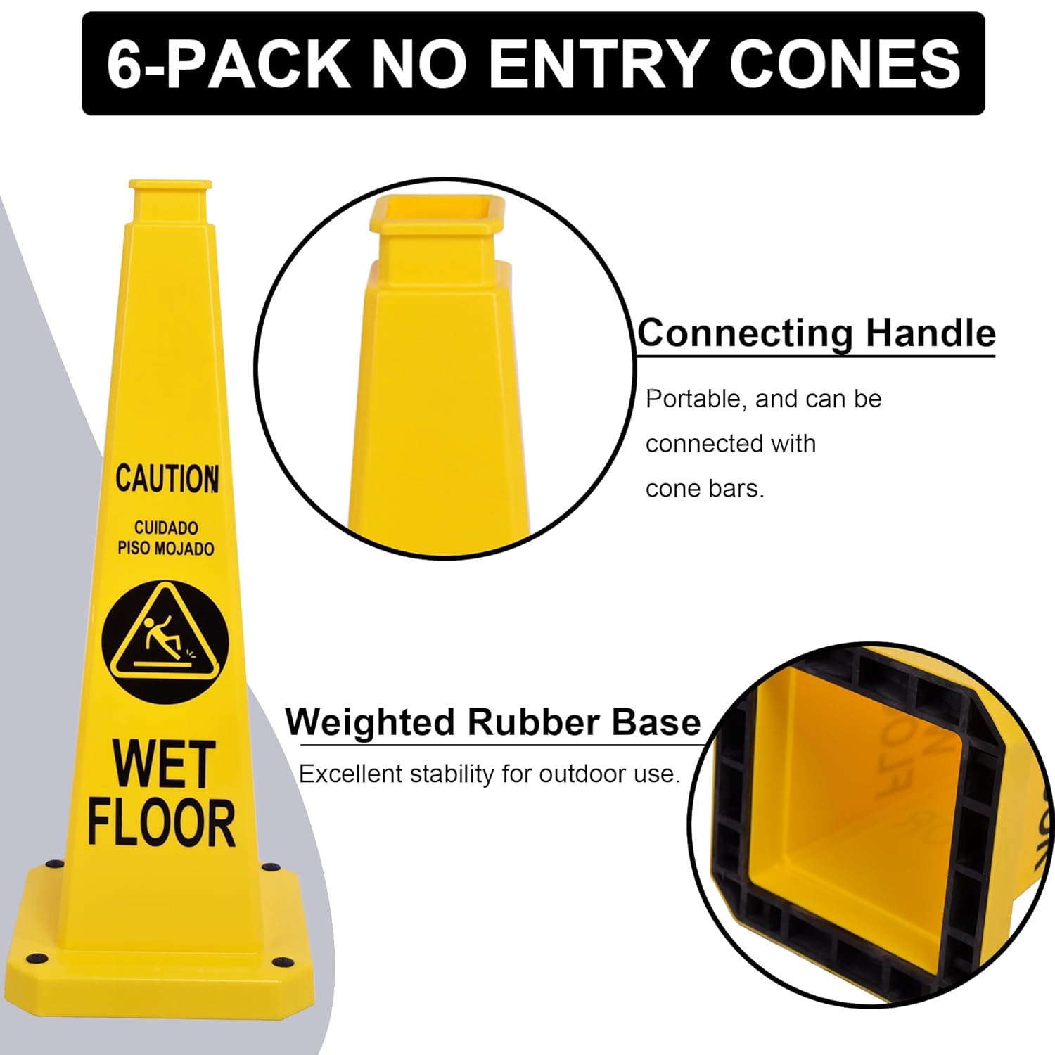 OrangeStar 6-Pack 28" Wet Floor Caution Cones, Yellow 4-Sided Bilingual Warning Message Safety Traffic Cones with Heavy Rubber Base for Indoor/Outdoor Use