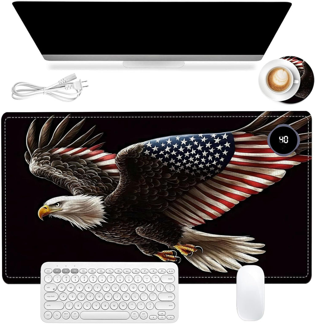 Heated Mouse Pad, Warm Desk Pad, Keyboard Mat 23.6 x 14 Inch Large Size Intelligent Fast Heating, 3 Speed Adjustable, Timed Auto Power Off for Game Office Home, Soaring American Flag Eagle