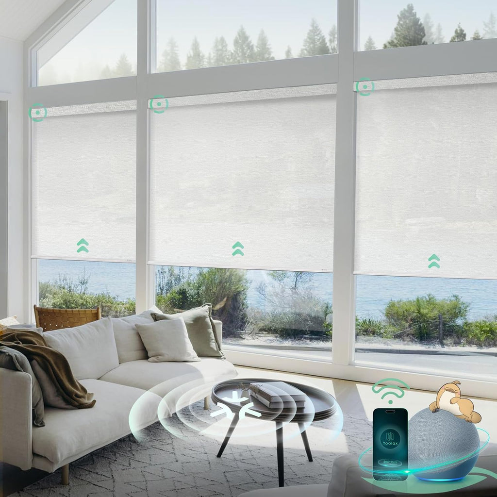 Yoolax Smart Blinds, Motorized Matter Solar Shades Flame Resistat Automatic Blinds for Windows Motorized Shades Compatible with Alexa, Google Home, Homekit(Solar-3% Openness Milky White)