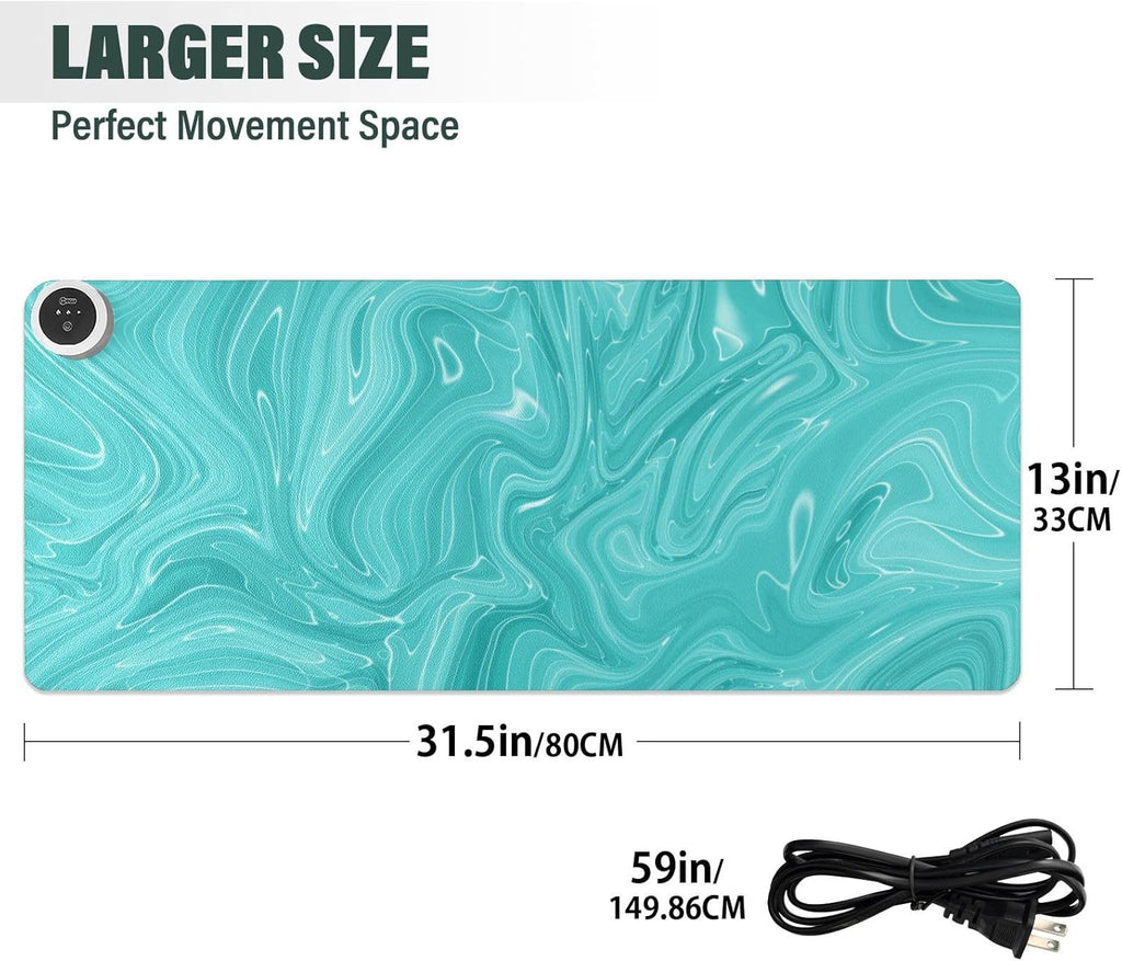 Heated Desk Pad Mouse Pad 31.5x13 Inch PU Leather Desk Mat with 3 Heat Levels Large Mouse Gaming Computer Laptop Mat Teal Fluid
