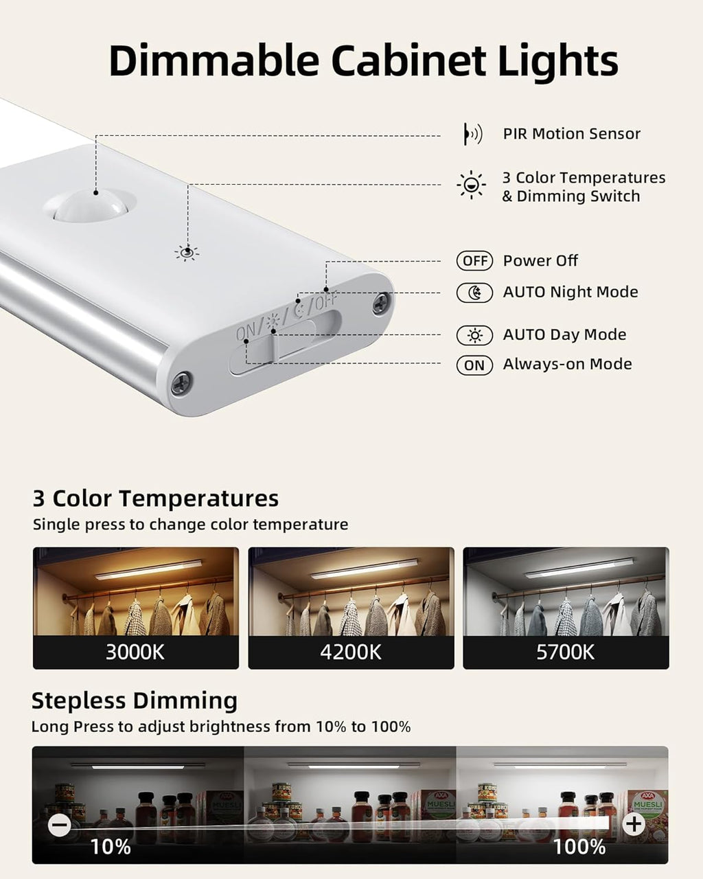 EZVALO Under Cabinet Lighting, 2200mAh Rechargeable Battery, 76 LEDs Dimmable Closet Lights, 3 Color Temps, Motion Sensor Light Indoor for Kitchen, Wardrobe