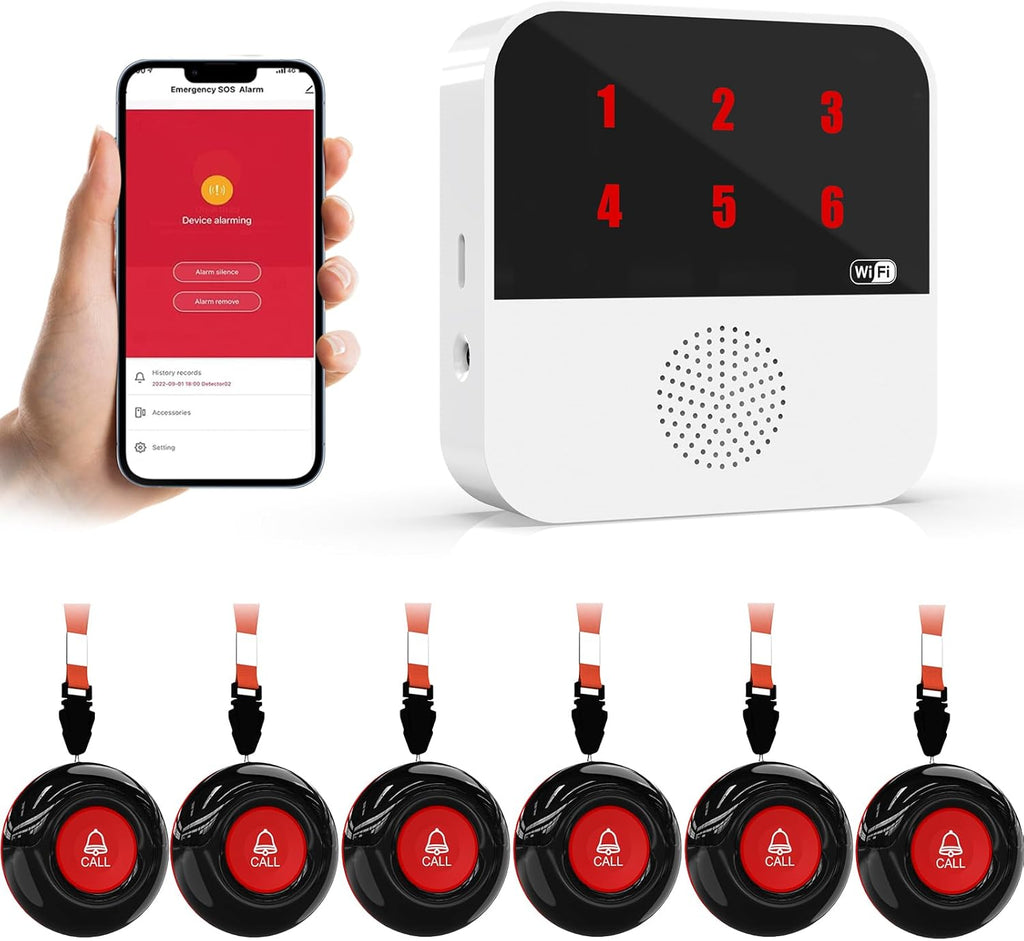 WiFi Caregiver Pager Wireless Call Button Life Alert Systems for Seniors No Monthly Fee with LED Number Display Alert Button for Elderly Patient Disabled 6 Button 1 Receiver(only Supports 2.4GHz WiFi)