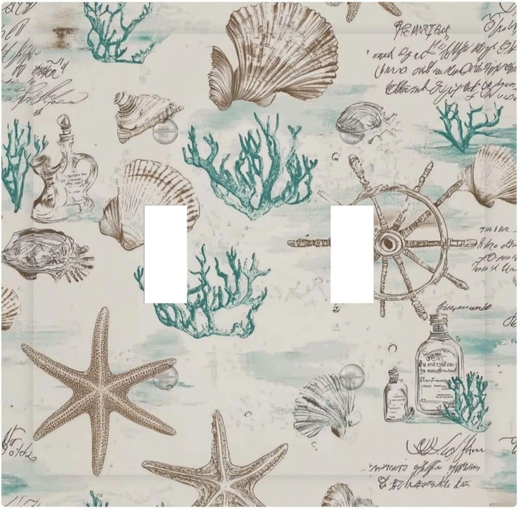 Mid Century Seashells Starfish Compass Decorative Switch Plates 2 Gang Double Toggle Outlet Light Switch Cover Wall Plate Electrical Faceplate For Nursery Kids Room Decor