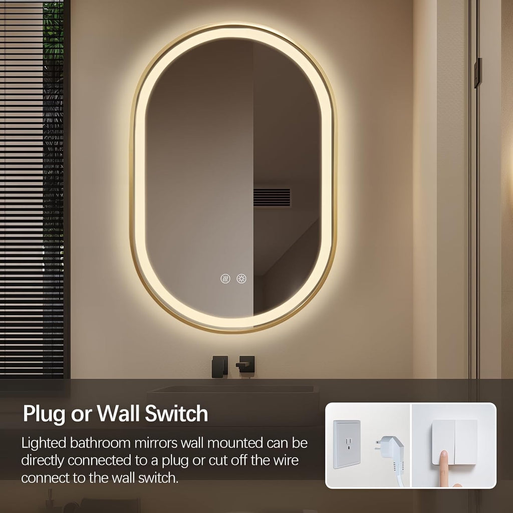 Niccy Oval LED Mirror for Bathroom, 36x24 Front Lit + Backlit Vanity Mirrors with Light Anti-Fog, Shatter-Proof, 3 Colors, Makeup Mirror with Gold Frame (Horizontal/Vertical)