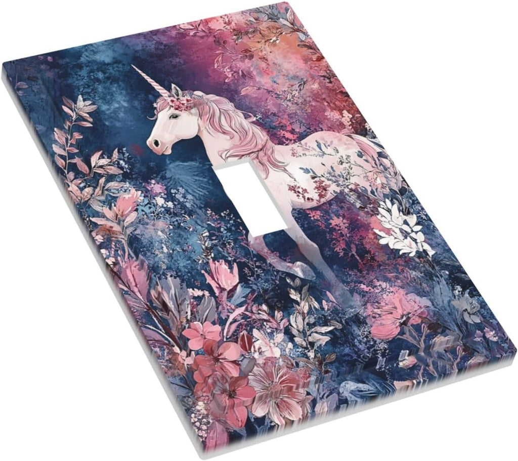 Decorative Light Switch Cover Plate Fantastic Pink Unicorn Wildflower Forest 1 Gang Single Toggle Wall Plate Electrical Outlet Covers Decorate Switch Plate Cover for Bedroom Kids room Decor