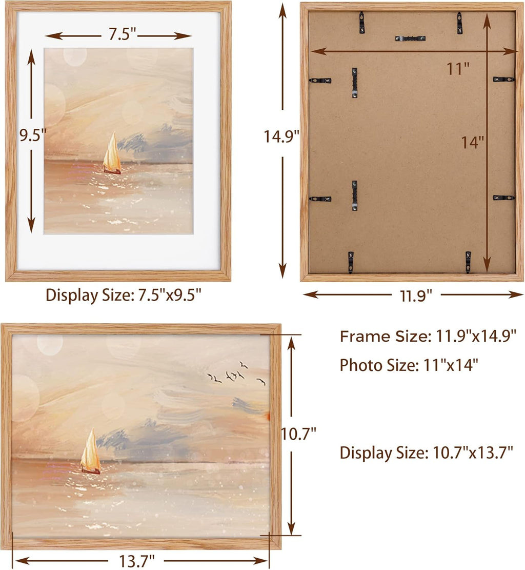 Fun Memories 11x14 Picture Frame, Solid Oak Wood 11 x 14 Photo Frames for Wall, 11 by 14 Frames with Tempered Real Glass, 11x14 Picture Frame with Mat for 8x10, Wooden Wall Gallery 11 x 14 Frame Set
