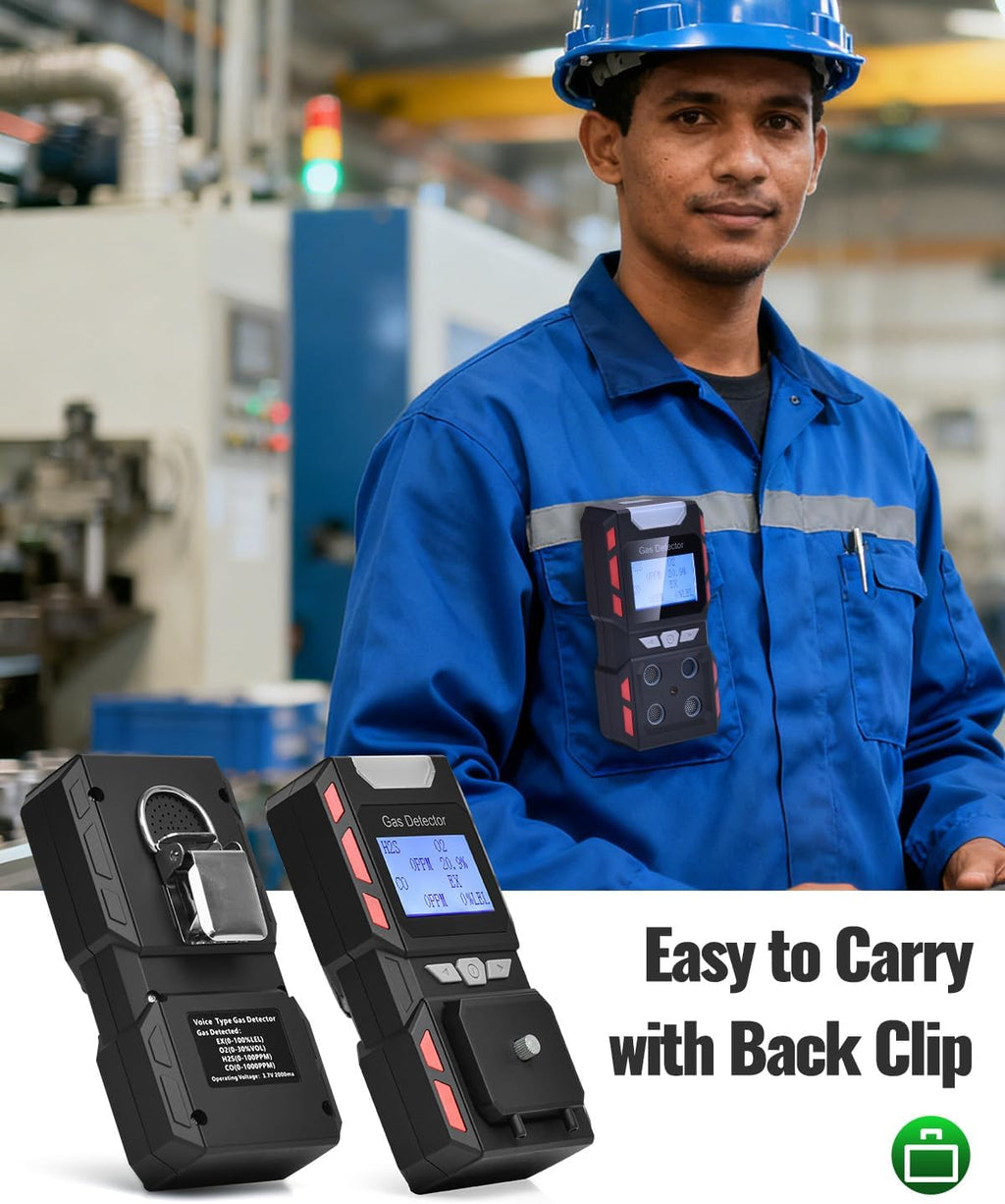 4 Gas Monitor, Gas Detector for H2S, CO, LEL and O2, Factory Calibrated Multi Gas Meter with Vibration, Visual and Audible Alarms, Over 10H Battery Life, Fast Response, Gas Analyzer for Work, Home