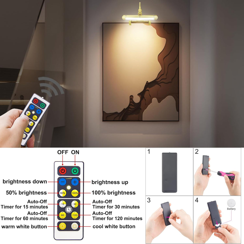 HONWELL Painting Lights Cordless, Dartboard Light with Remote, Rechargeable Picture Light, Picture Frame Lights with 3 Modes 28 LEDs Rotate Head, 360° Flexible Neck,Clip on Display Light for Artwork
