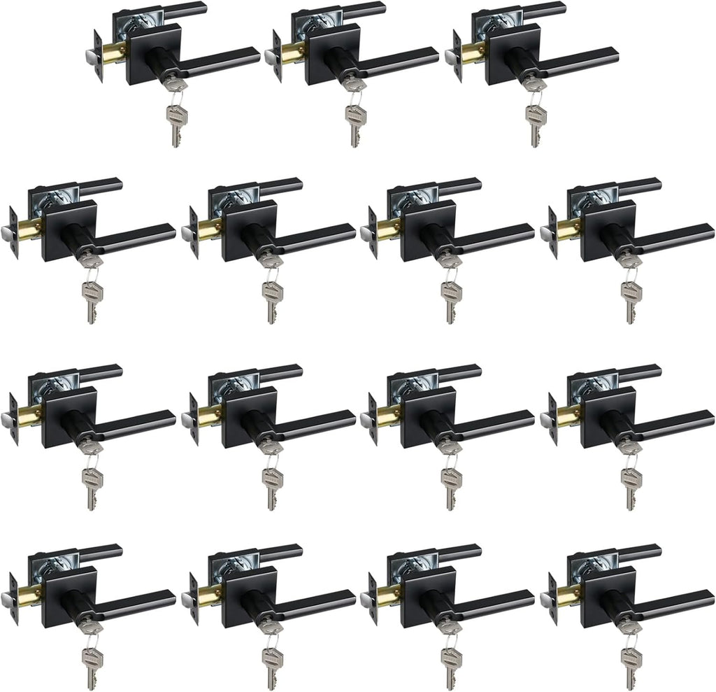 Keyed Entry Door Lever with Lock, Heavy Duty Square Interior Handle for Front Door and Office, Matte Black, Reversible for Right&Left Handed, 15Packs