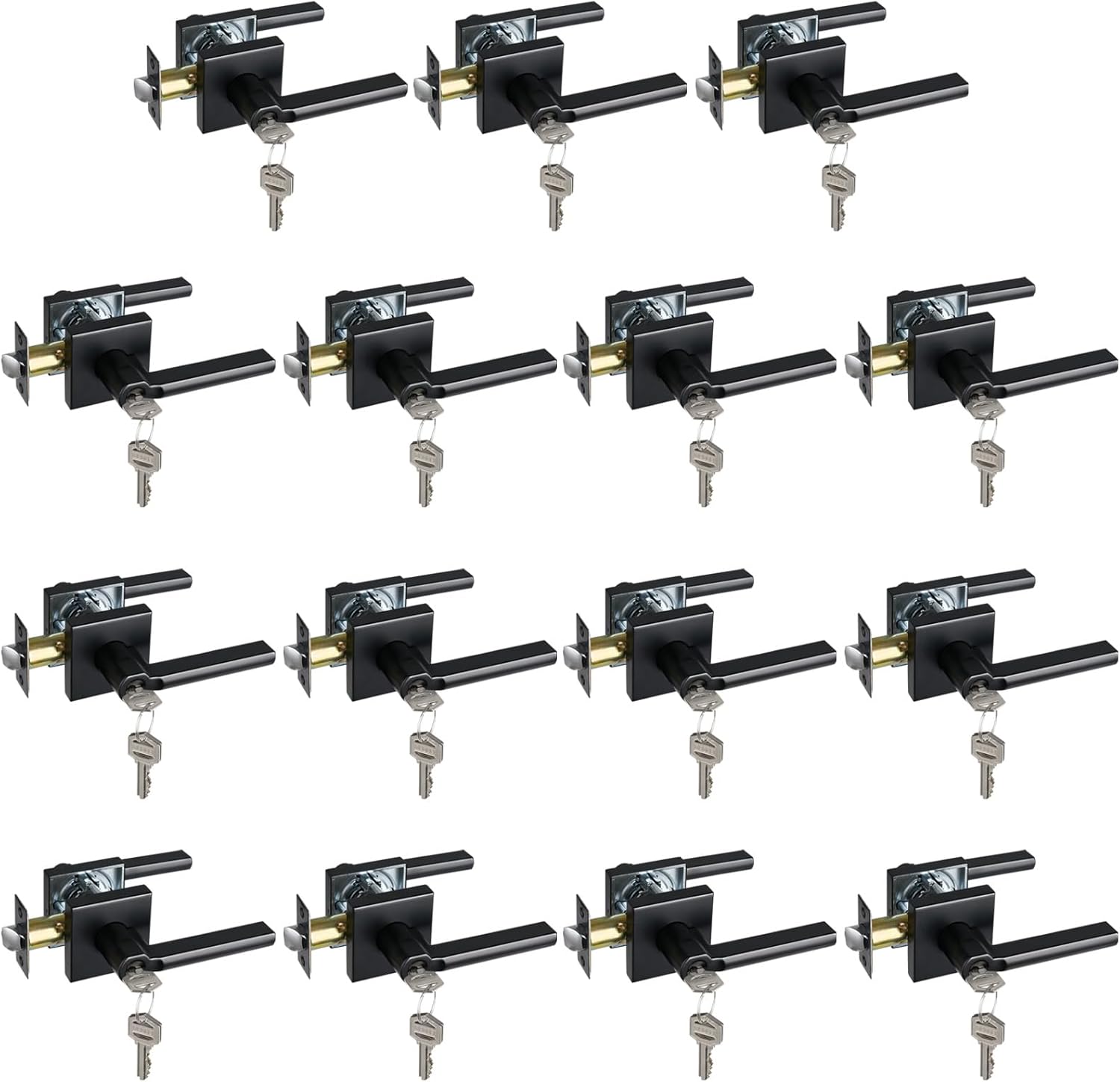 Keyed Entry Door Lever with Lock, Heavy Duty Square Interior Handle for Front Door and Office, Matte Black, Reversible for Right&Left Handed, 15Packs