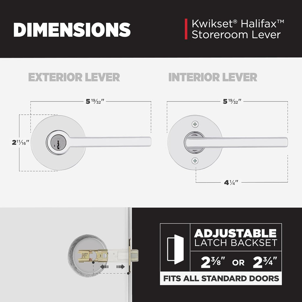 Kwikset Halifax Keyed Storeroom Entry Door Handle with Lock and Key, Secure Keyed Reversible Lever Exterior, for Front Entrance and Bedrooms, Polished Chrome, Pick Resistant Smartkey Rekey Security